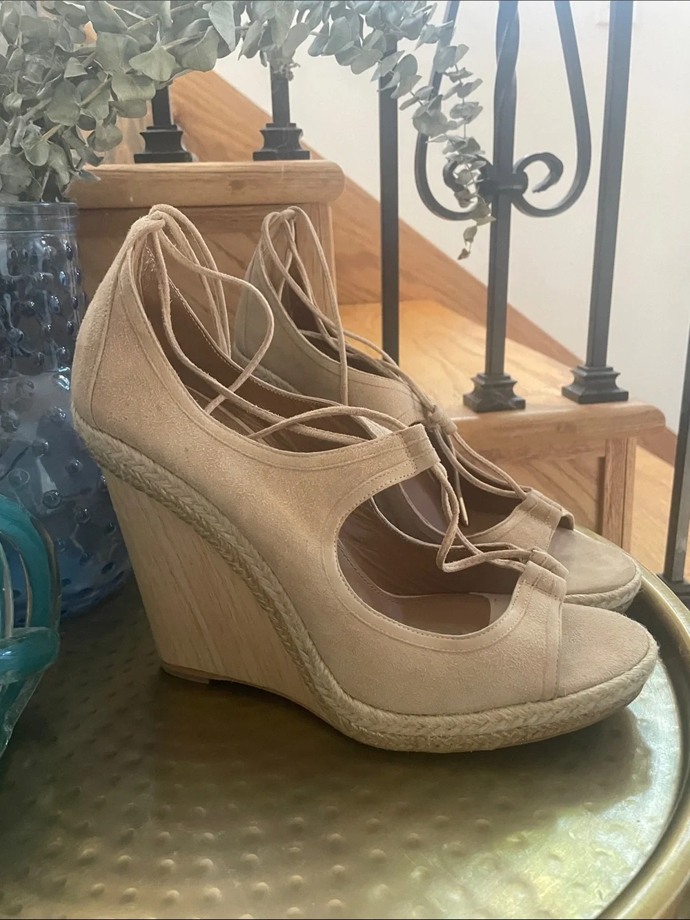 Aquazzura Nude Beige Lace-Up Espadrille Wedge Sandals Size 42 11